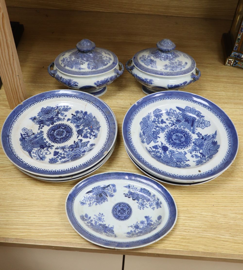 A 19th century Chinese export blue and white medallion pattern thirteen piece part dinner service